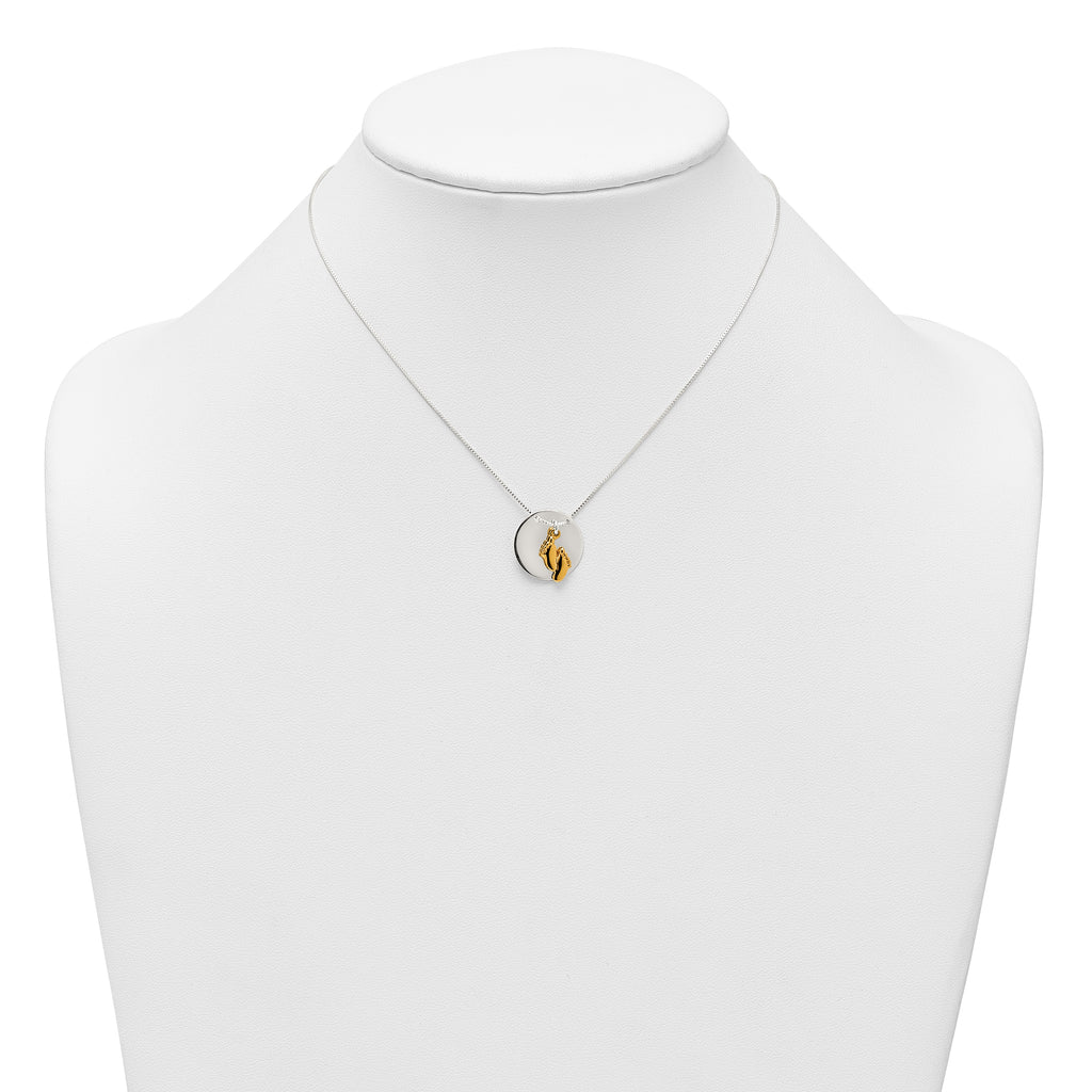 Sterling Silver with Gold-tone Polished Footprint Dangle on Disc 16 inch Necklace
