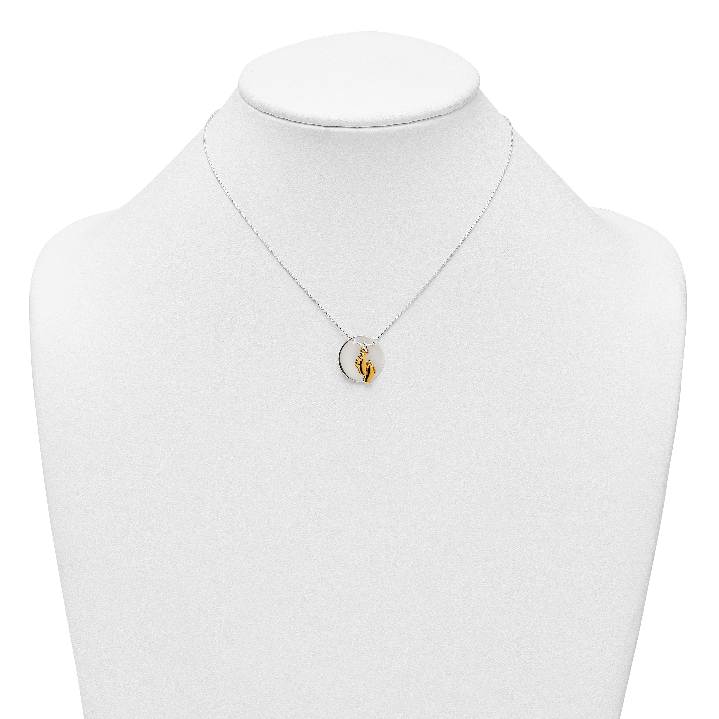 Sterling Silver with Gold-tone Polished Footprint Dangle on Disc 16 inch Necklace