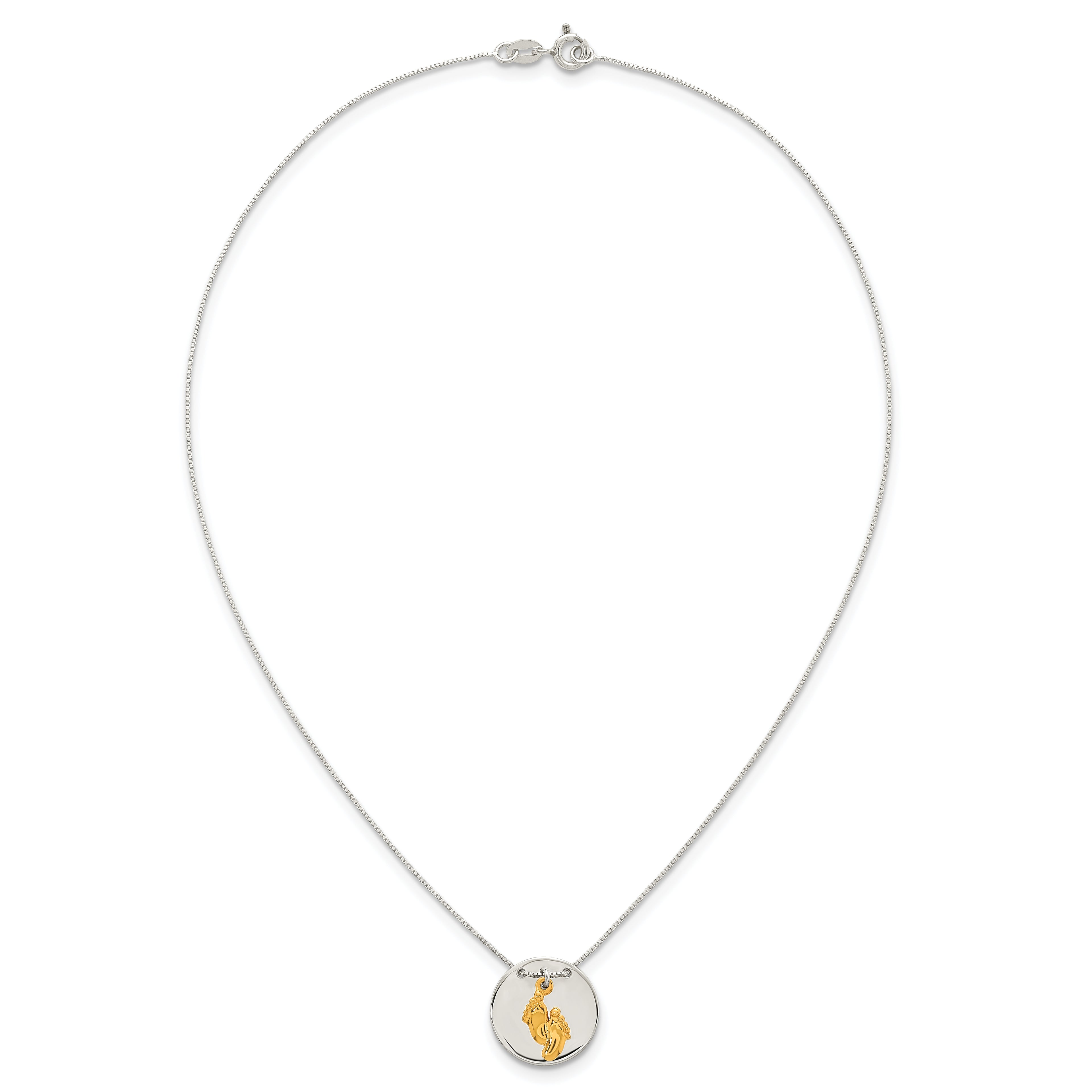 Sterling Silver with Gold-tone Polished Footprint Dangle on Disc 16 inch Necklace