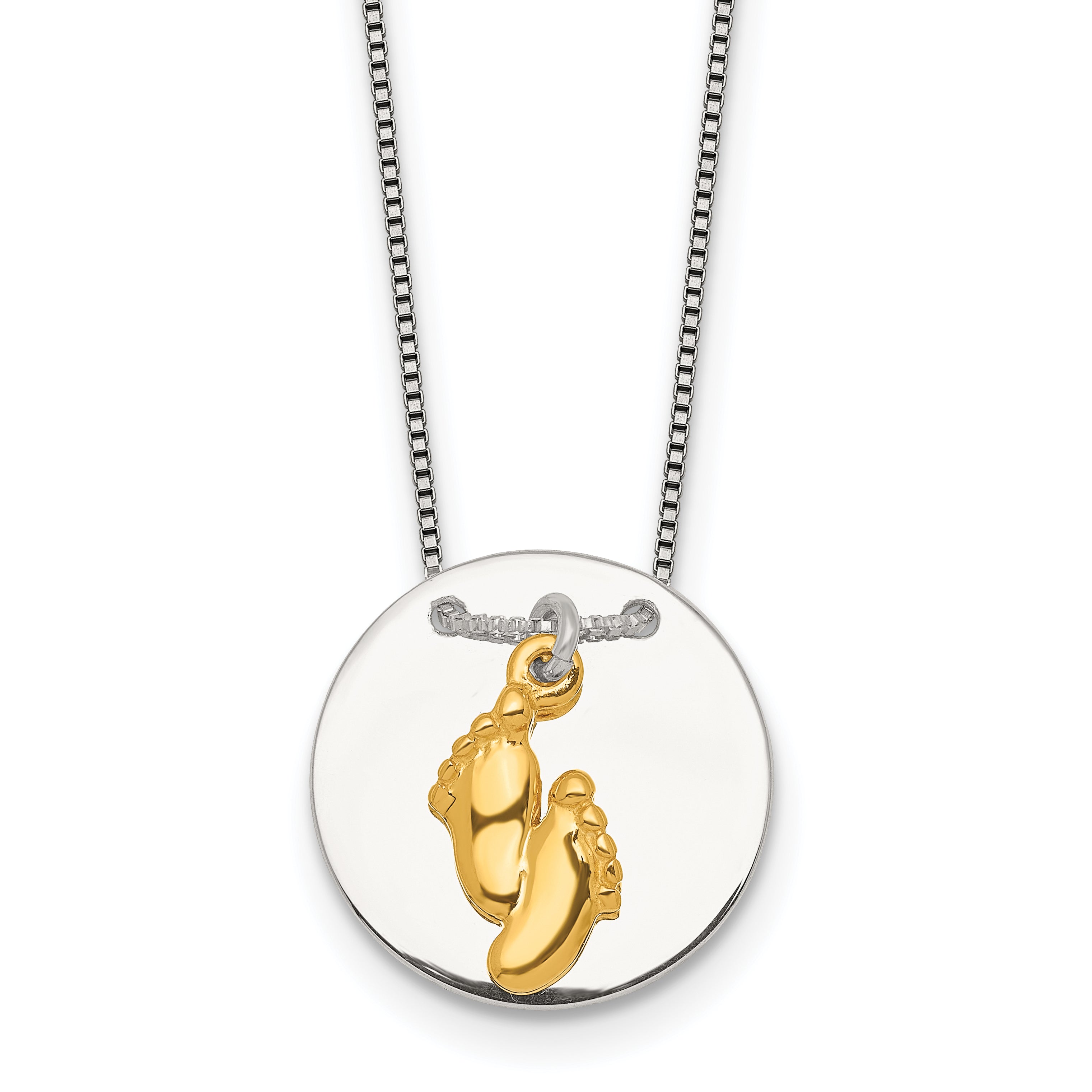 Sterling Silver with Gold-tone Polished Footprint Dangle on Disc 16 inch Necklace Main image