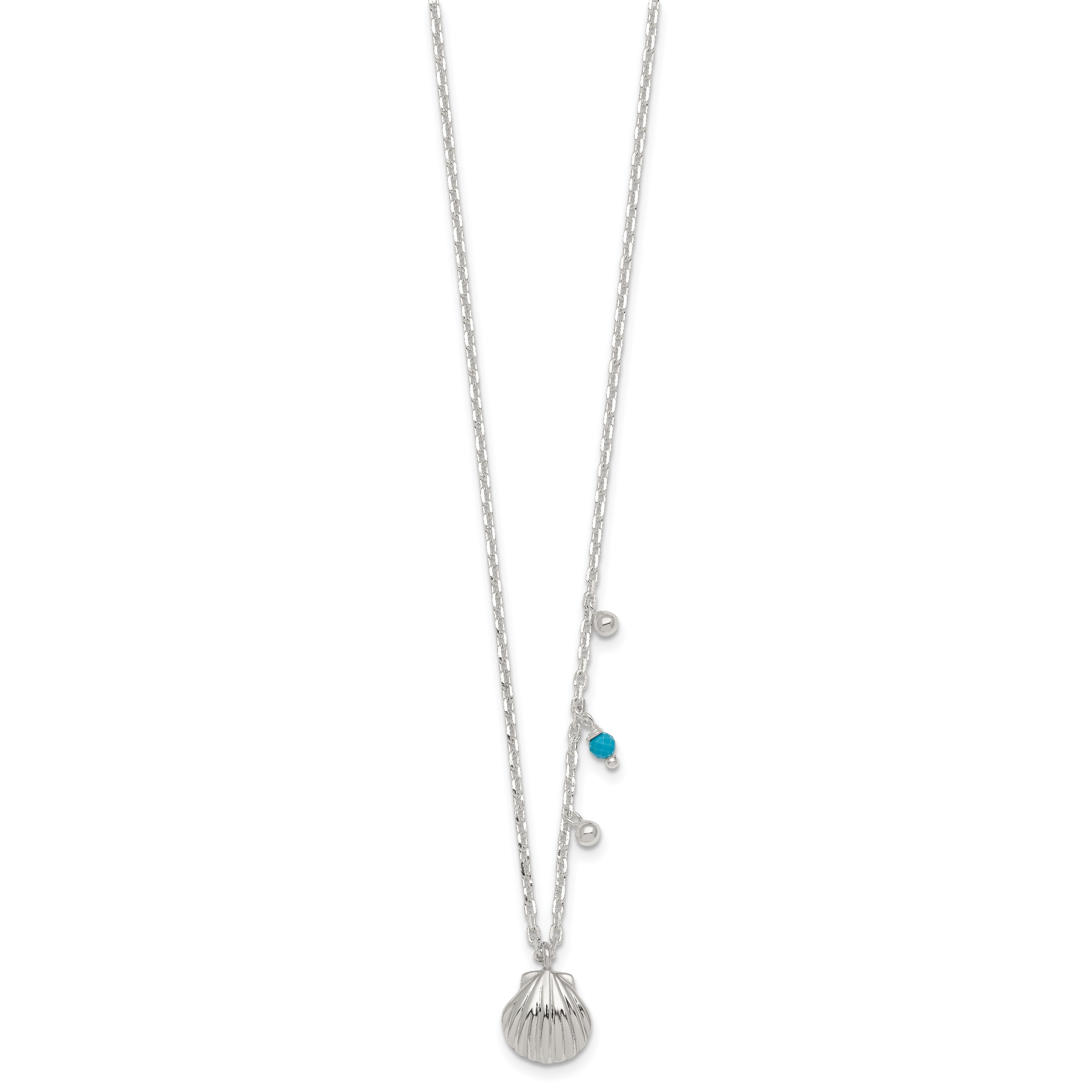 Sterling Silver Polished Beaded Turquoise and Grooved Seashell 16 inch with 2 inch Extension Necklace Secondary image