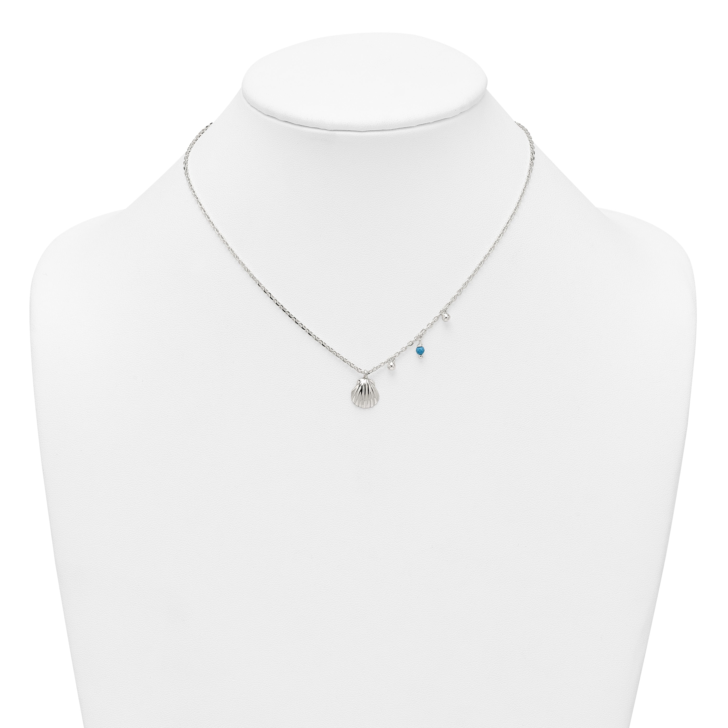 Sterling Silver Polished Beaded Turquoise and Grooved Seashell 16 inch with 2 inch Extension Necklace