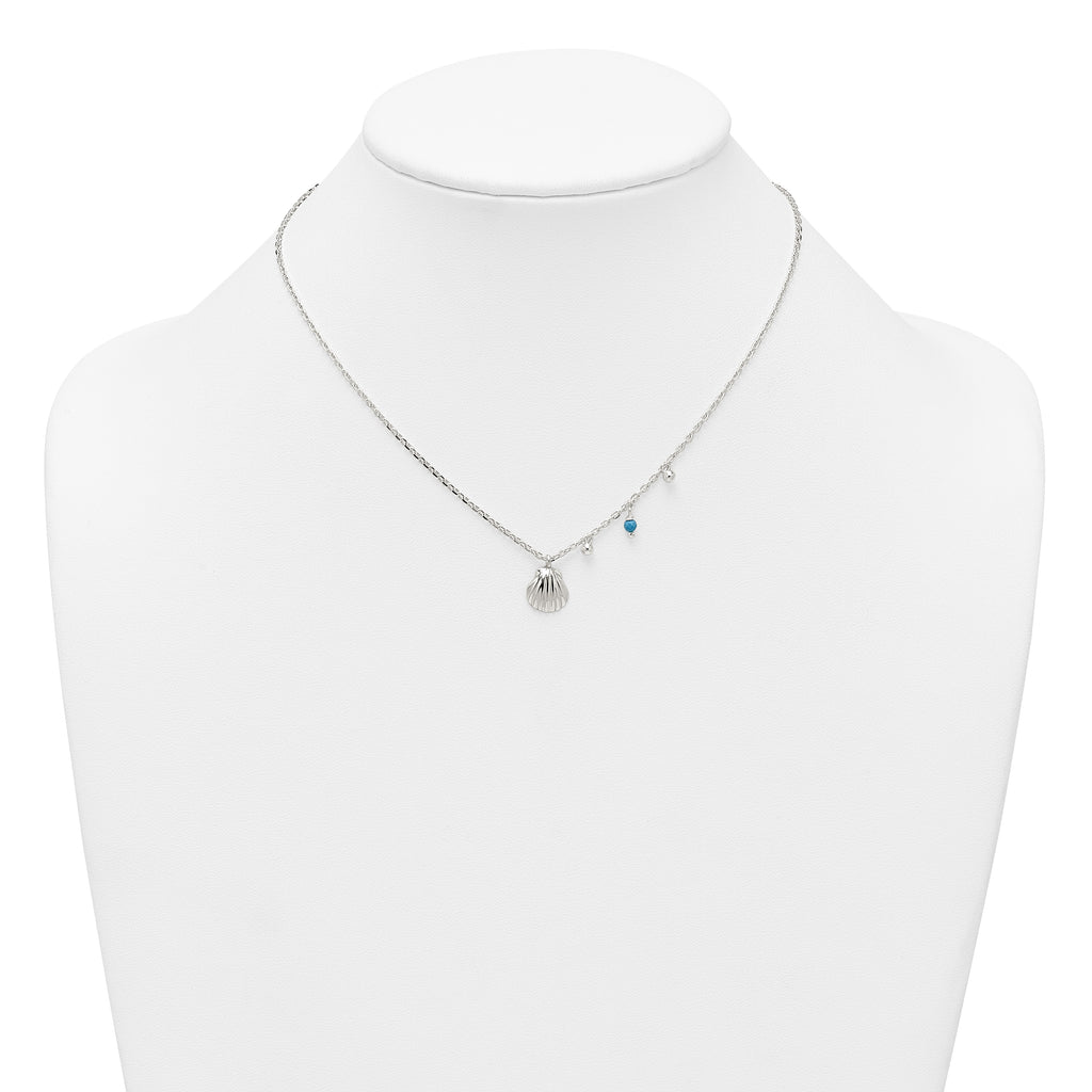 Sterling Silver Polished Beaded Turquoise and Grooved Seashell 16 inch with 2 inch Extension Necklace