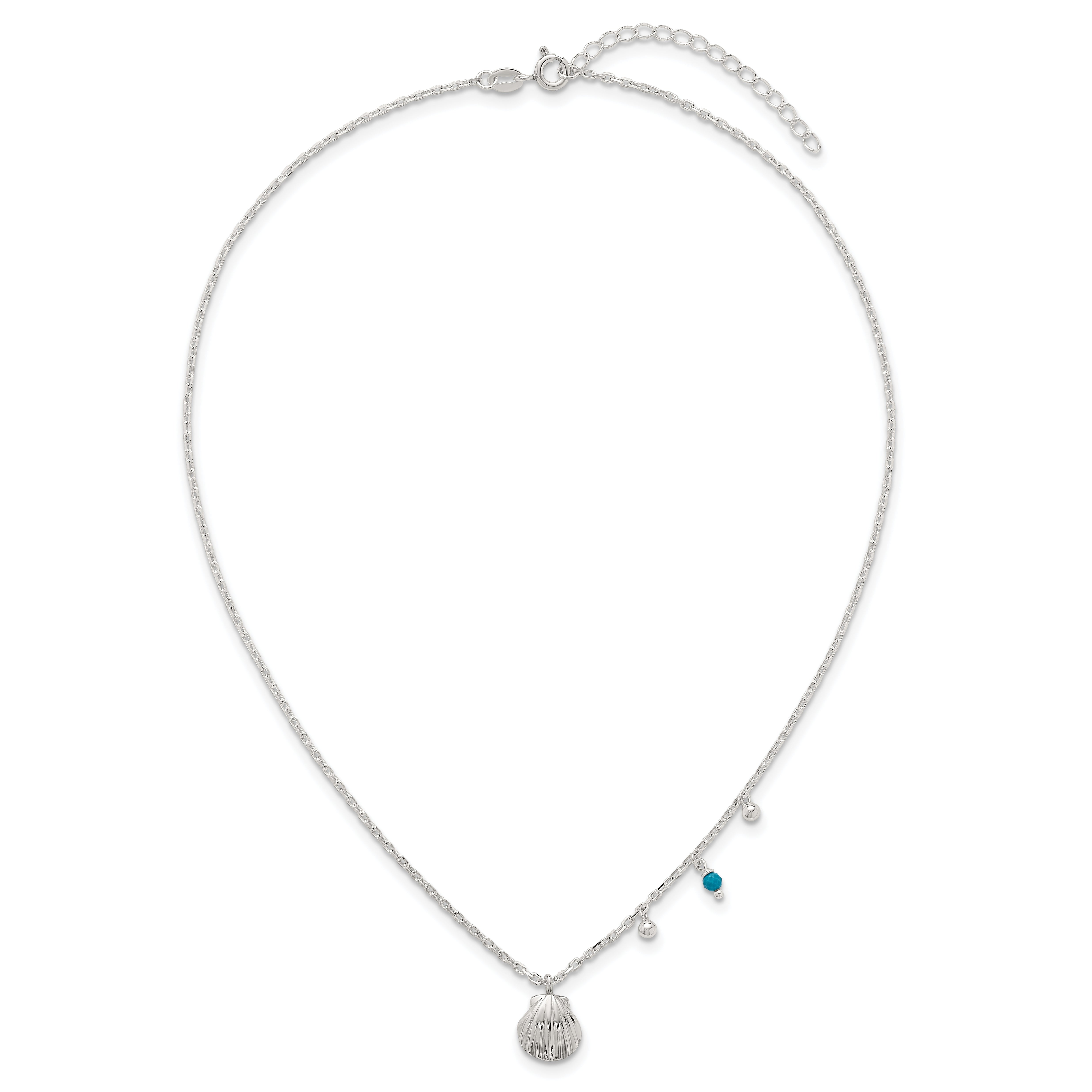 Sterling Silver Polished Beaded Turquoise and Grooved Seashell 16 inch with 2 inch Extension Necklace