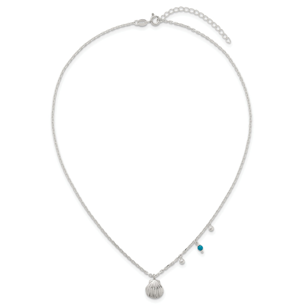 Sterling Silver Polished Beaded Turquoise and Grooved Seashell 16 inch with 2 inch Extension Necklace