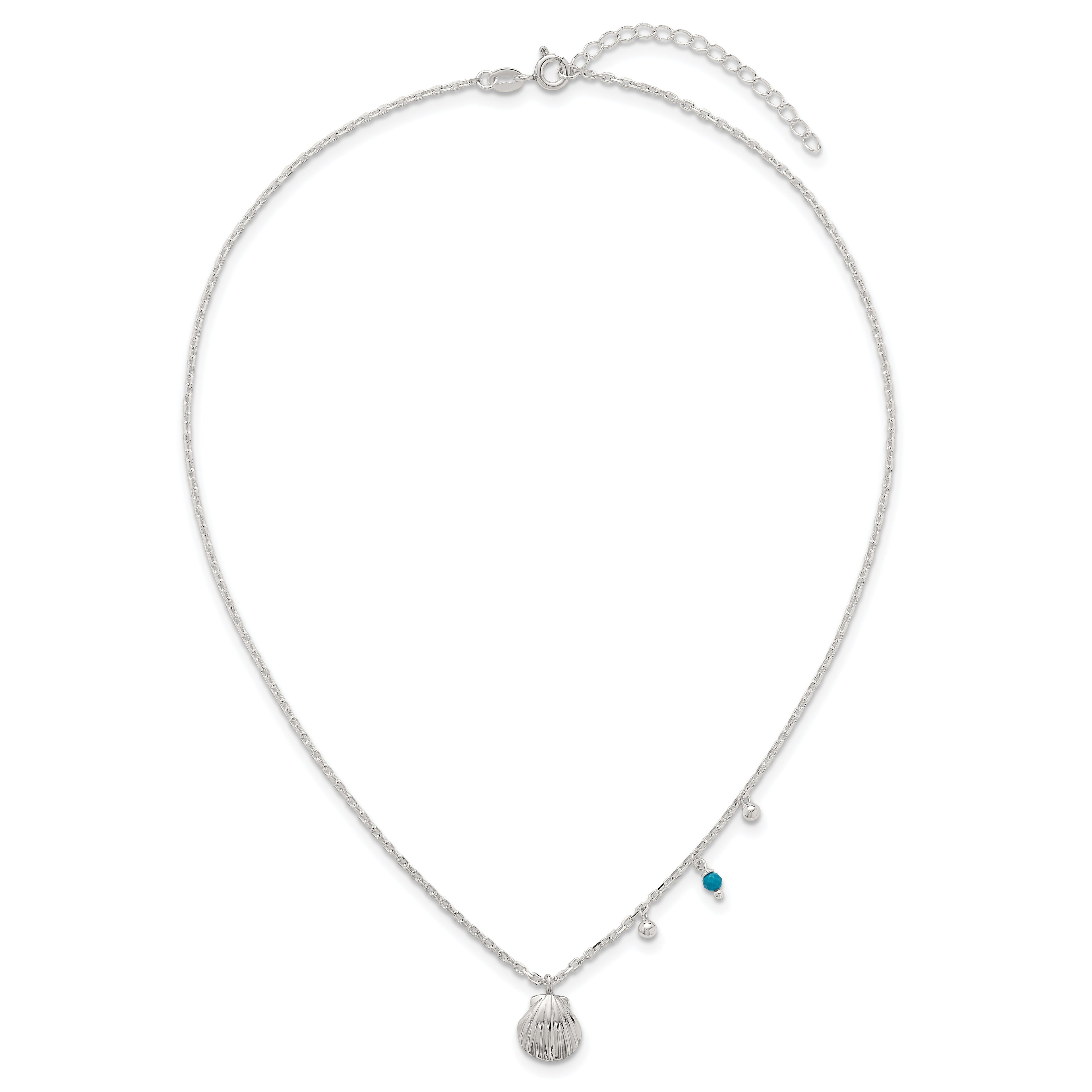Sterling Silver Polished Beaded Turquoise and Grooved Seashell 16 inch with 2 inch Extension Necklace