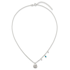 Sterling Silver Polished Beaded Turquoise and Grooved Seashell 16 inch with 2 inch Extension Necklace
