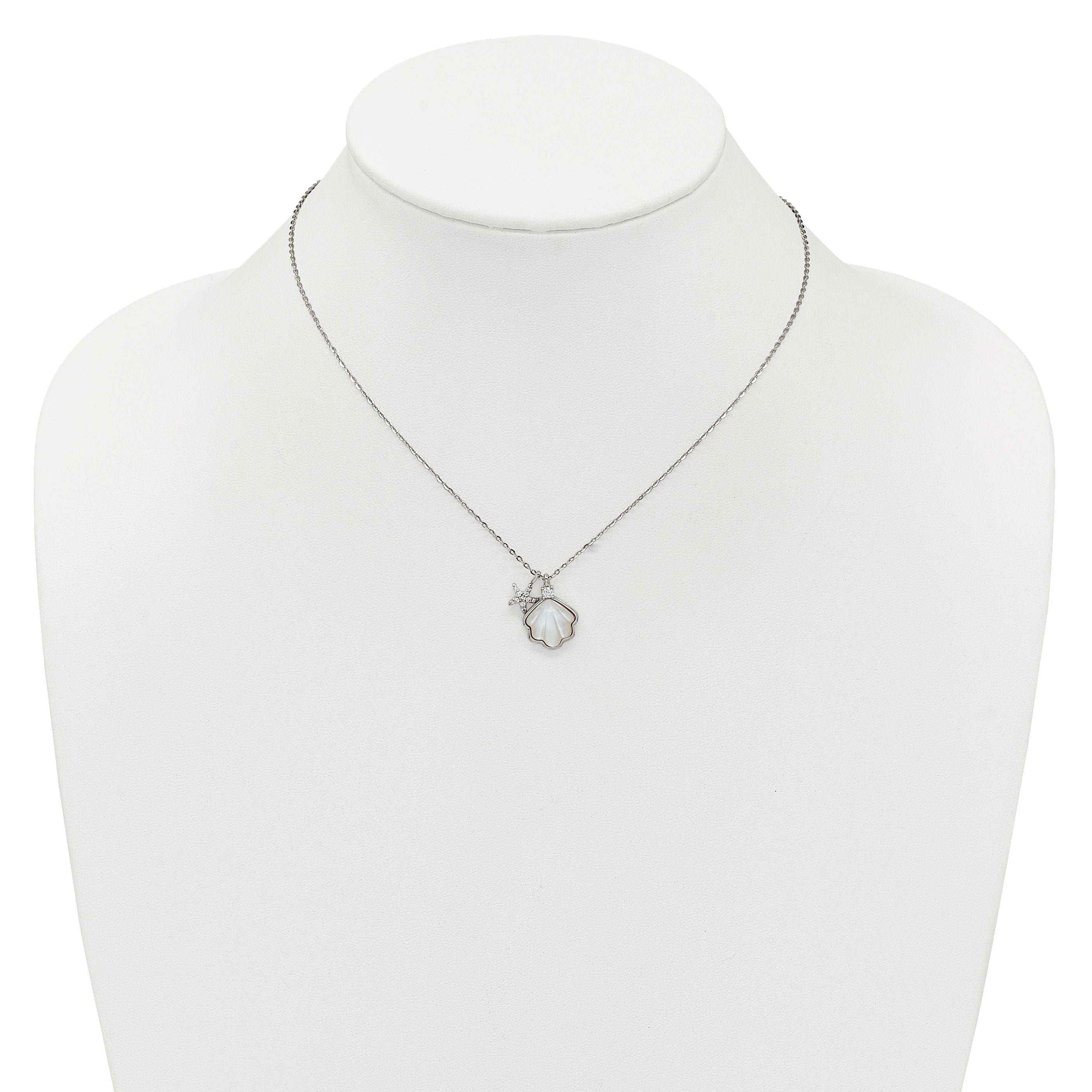 Sterling Silver Rhodium-plated Polished Mother of Pearl Shell and CZ Starfish 16 Inch with 2 Inch Extension Necklace