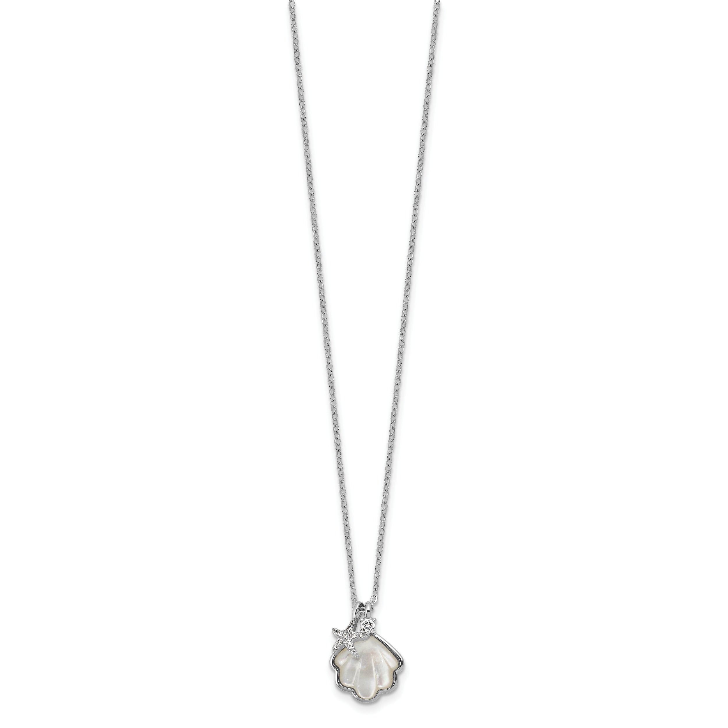 Sterling Silver Rhodium-plated Polished Mother of Pearl Shell and CZ Starfish 16 Inch with 2 Inch Extension Necklace