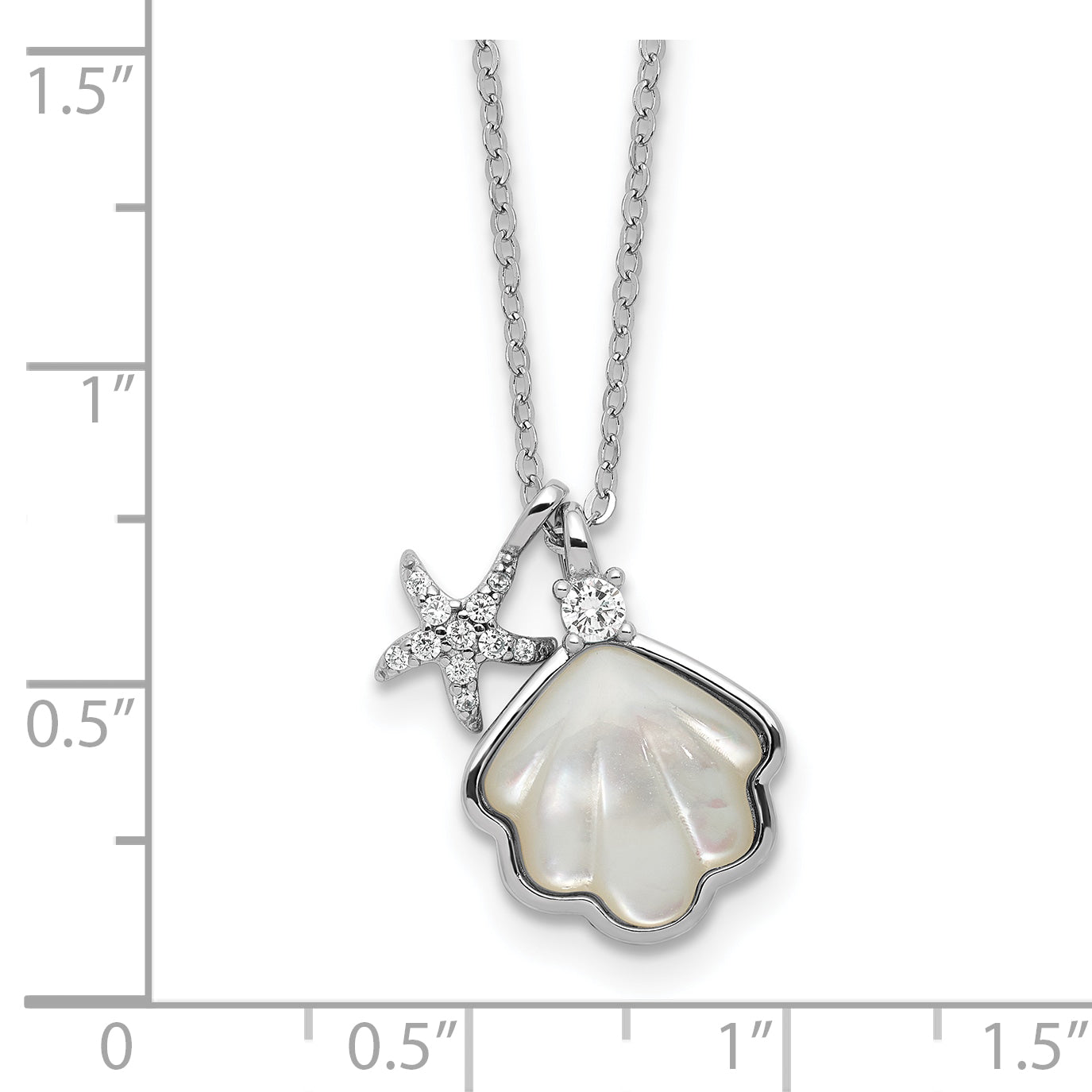 Sterling Silver Rhodium-plated Polished Mother of Pearl Shell and CZ Starfish 16 Inch with 2 Inch Extension Necklace