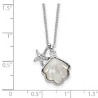 Sterling Silver Rhodium-plated Polished Mother of Pearl Shell and CZ Starfish 16 Inch with 2 Inch Extension Necklace
