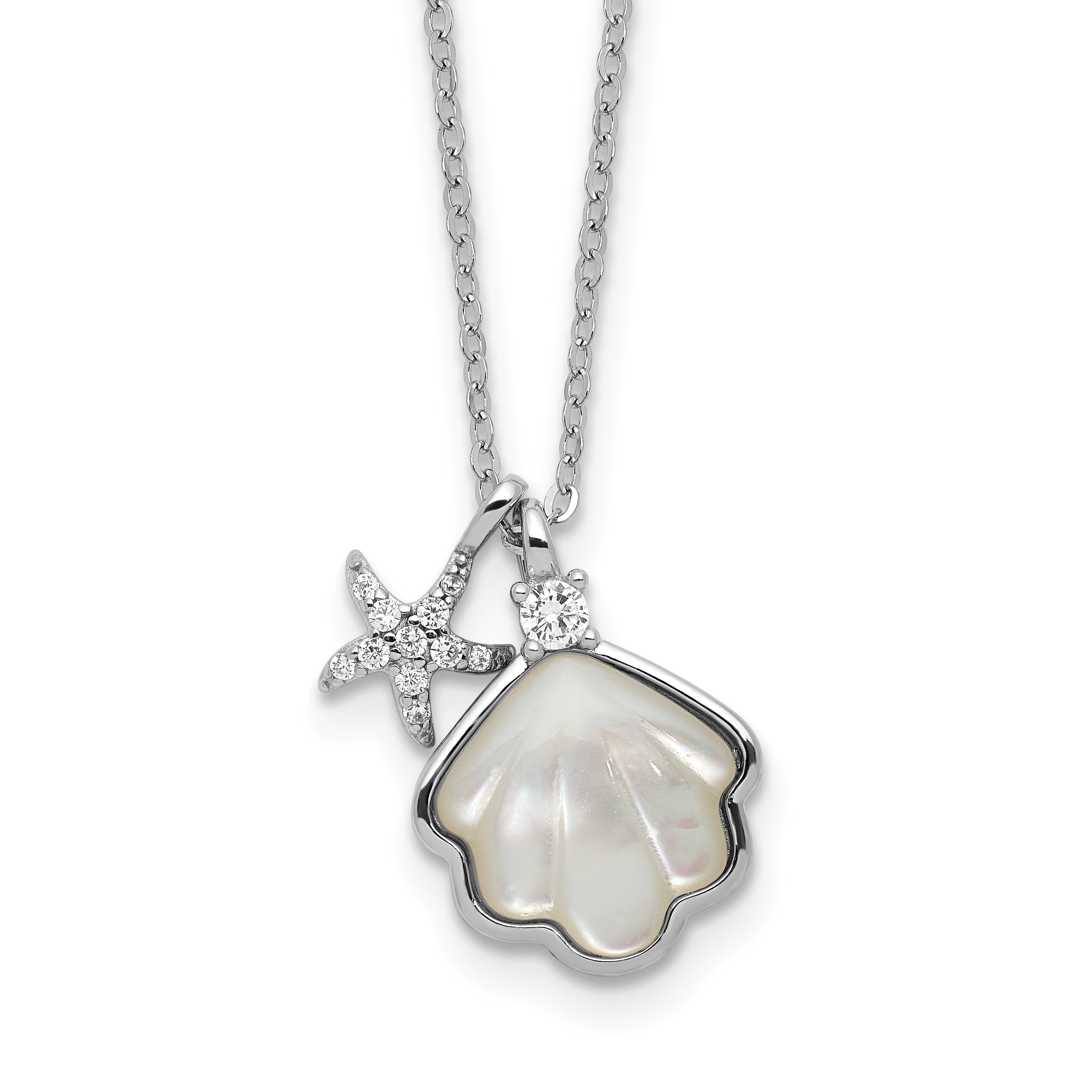 Sterling Silver Rhodium-plated Polished Mother of Pearl Shell and CZ Starfish 16 Inch with 2 Inch Extension Necklace Main image
