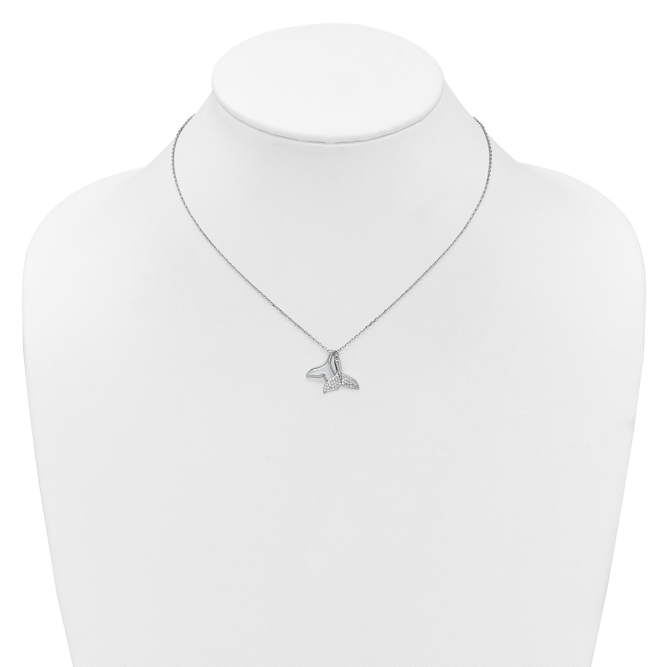 Sterling Silver Rhodium-plated Polished Mother of Pearl and CZ Whale Tails 16 Inch with 2 Inch Extension Necklace