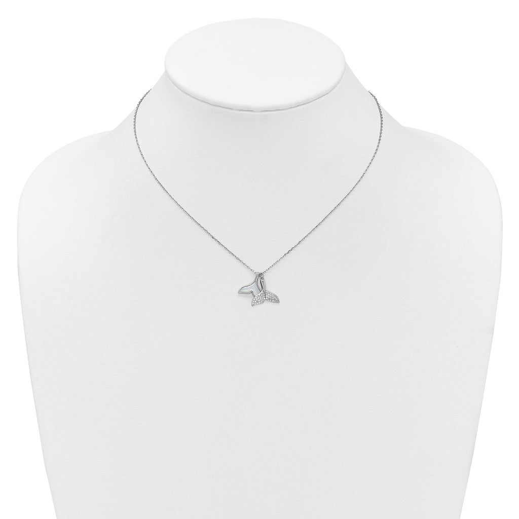 Sterling Silver Rhodium-plated Polished Mother of Pearl and CZ Whale Tails 16 Inch with 2 Inch Extension Necklace