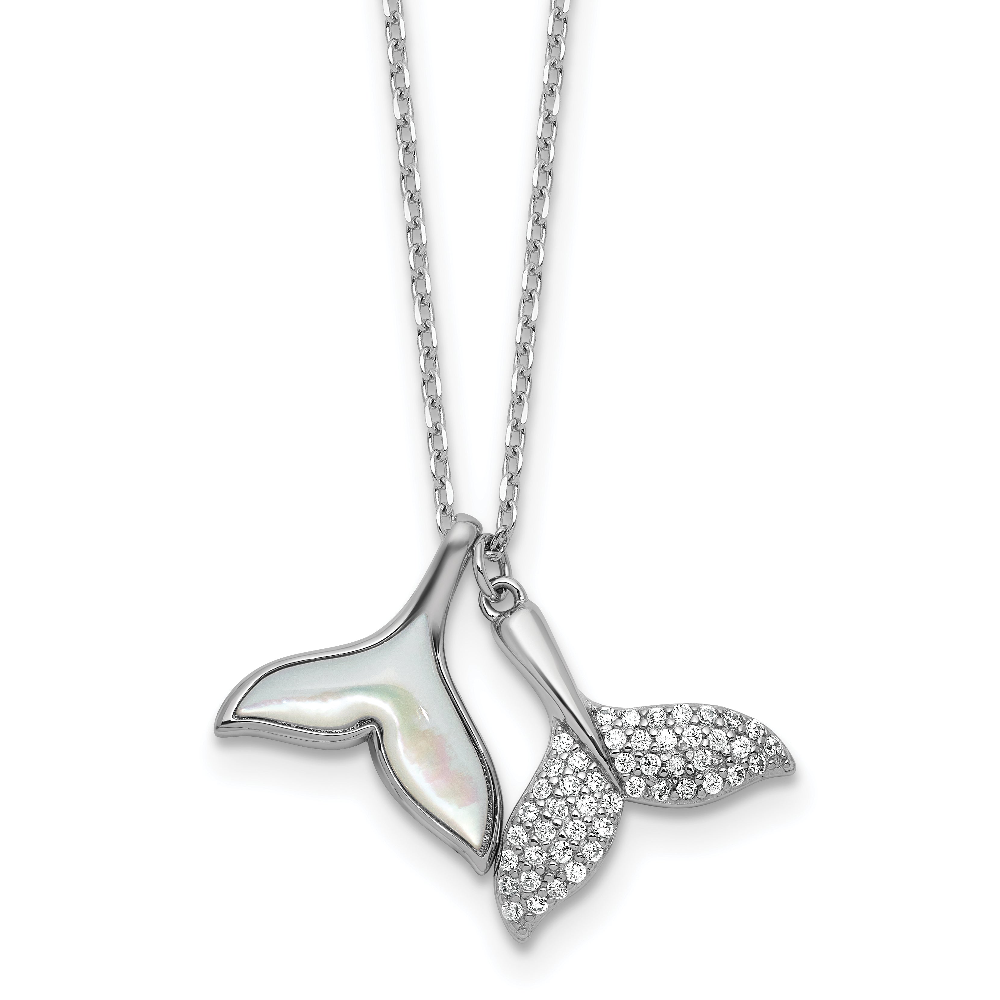 Sterling Silver Rhodium-plated Polished Mother of Pearl and CZ Whale Tails 16 Inch with 2 Inch Extension Necklace Main image