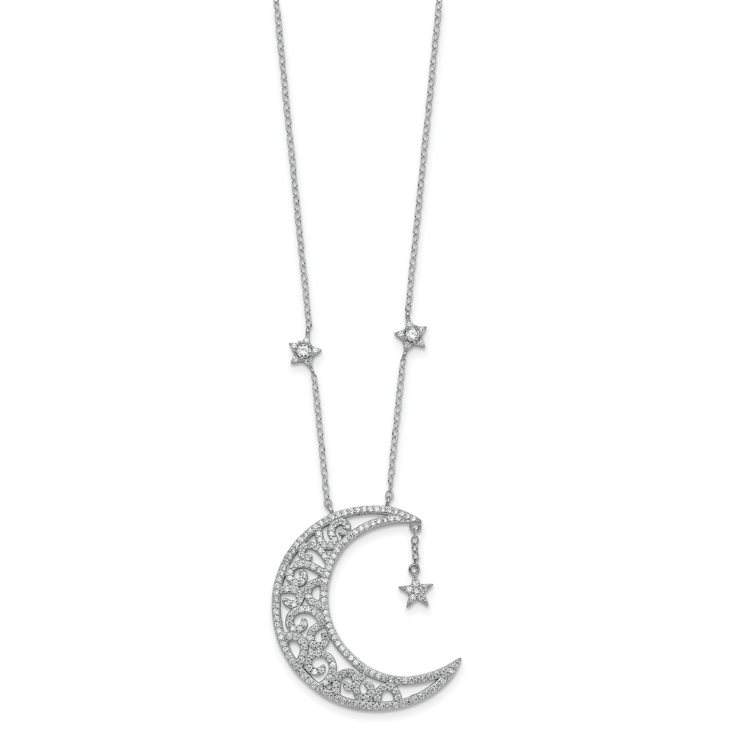 Sterling Silver Rhodium-plated Polished CZ Filigree Moon and Stars 18 Inch Necklace