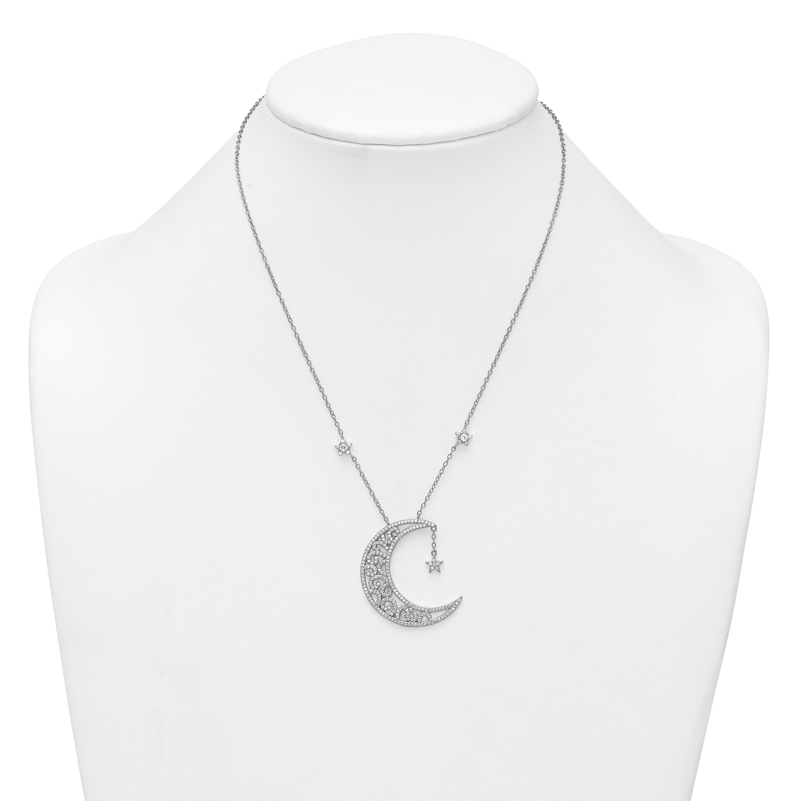 Sterling Silver Rhodium-plated Polished CZ Filigree Moon and Stars 18 Inch Necklace