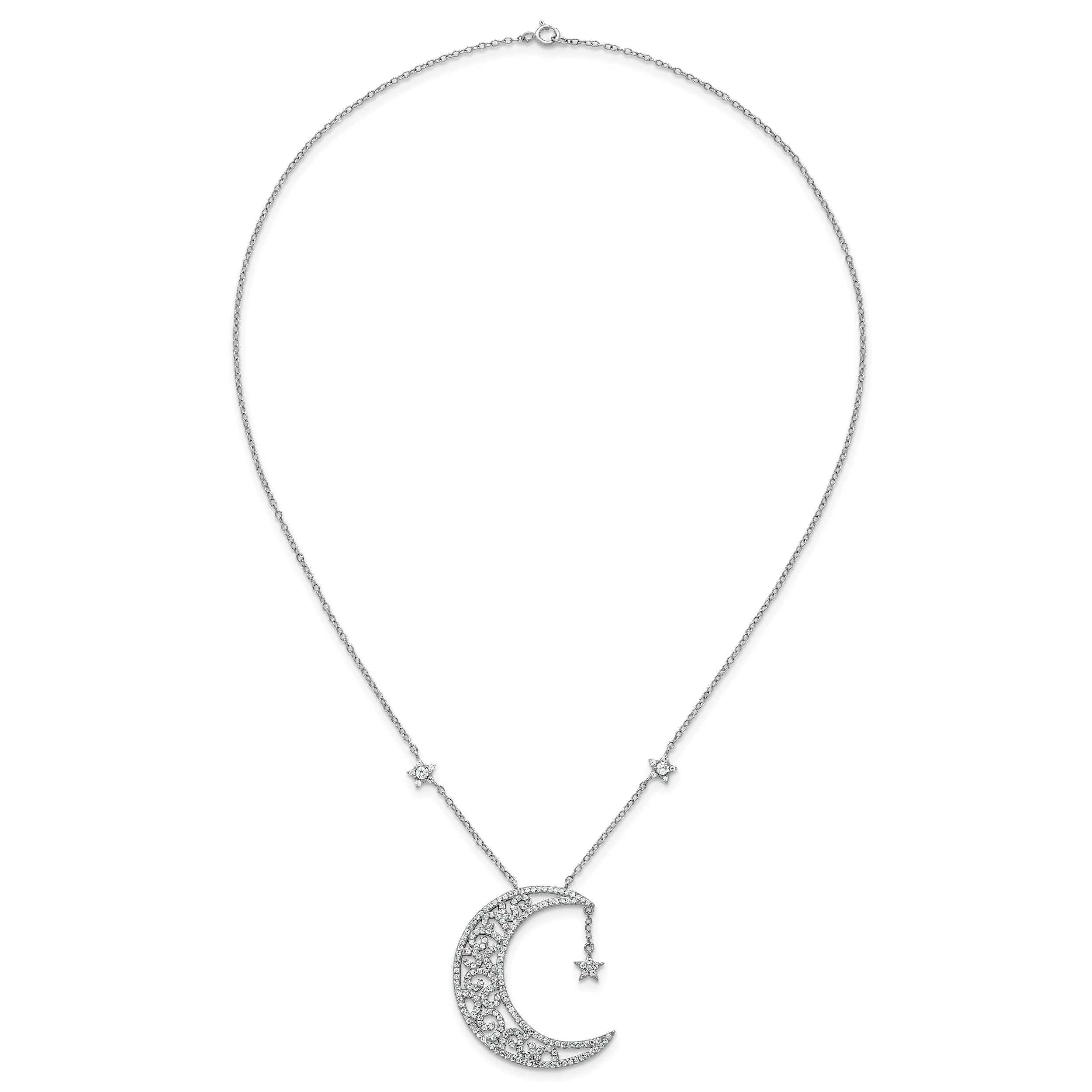 Sterling Silver Rhodium-plated Polished CZ Filigree Moon and Stars 18 Inch Necklace