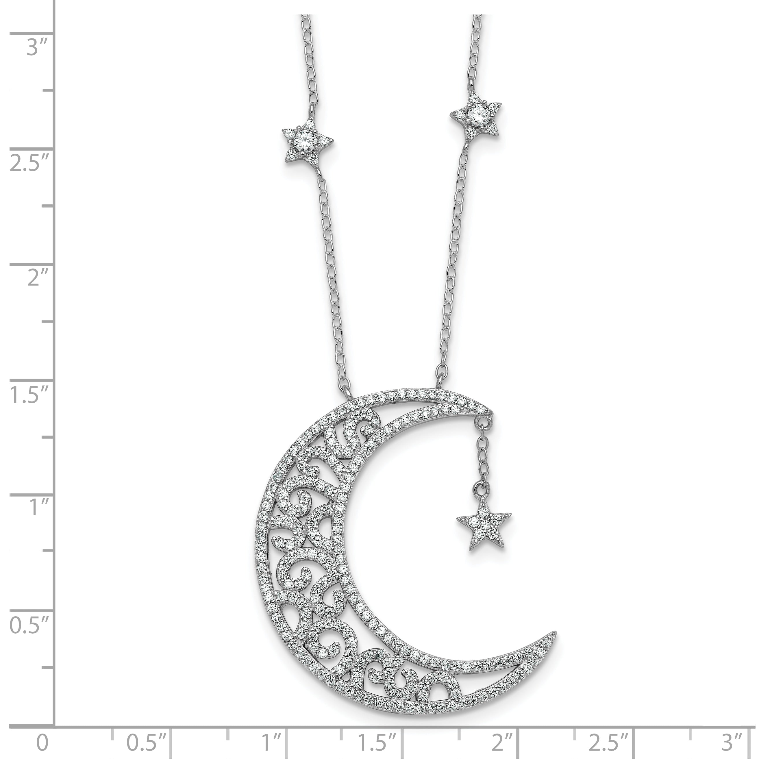 Sterling Silver Rhodium-plated Polished CZ Filigree Moon and Stars 18 Inch Necklace