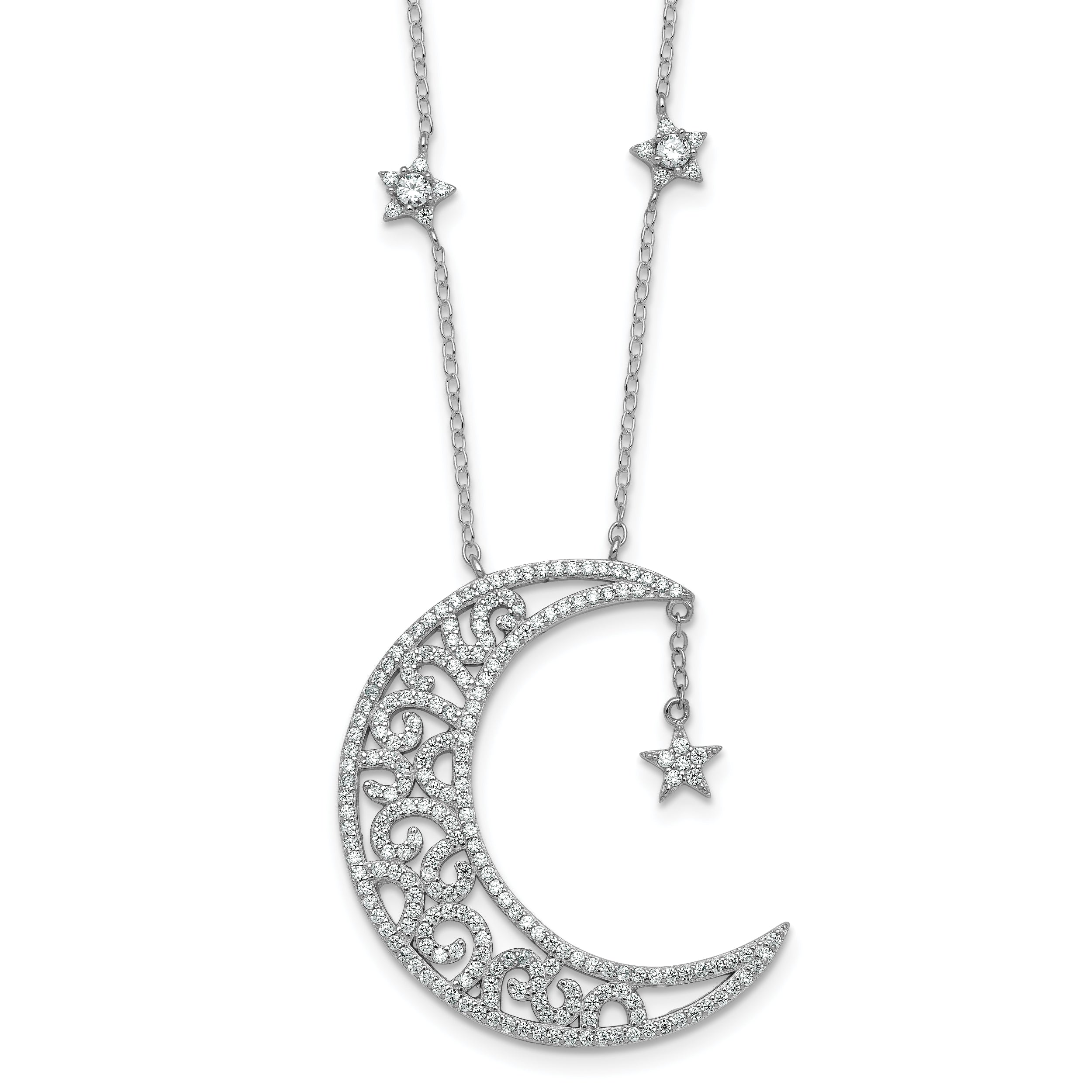 Sterling Silver Rhodium-plated Polished CZ Filigree Moon and Stars 18 Inch Necklace