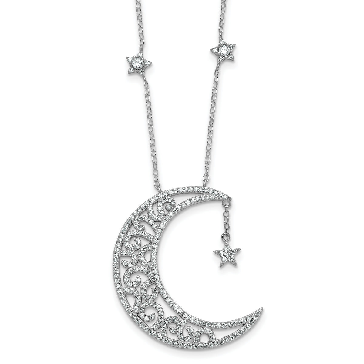 Sterling Silver Rhodium-plated Polished CZ Filigree Moon and Stars 18 Inch Necklace