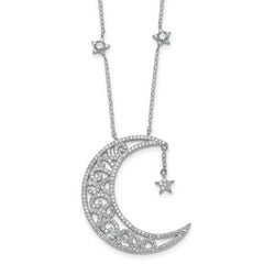 Sterling Silver Rhodium-plated Polished CZ Filigree Moon and Stars 18 Inch Necklace