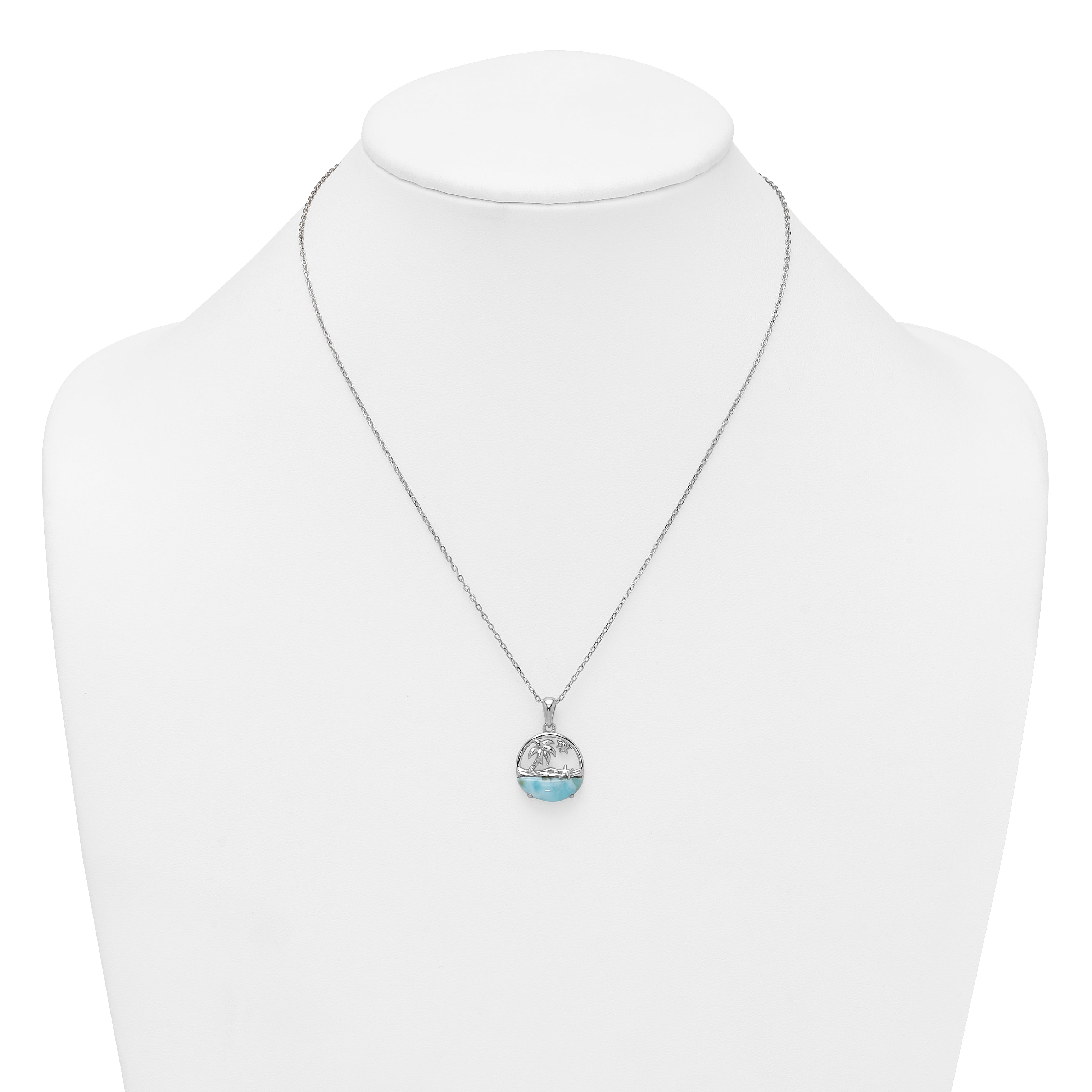 Sterling Silver Rhodium-plated Polished Larimar Beach Scene 16 Inch with 1.75 Inch Extension Necklace