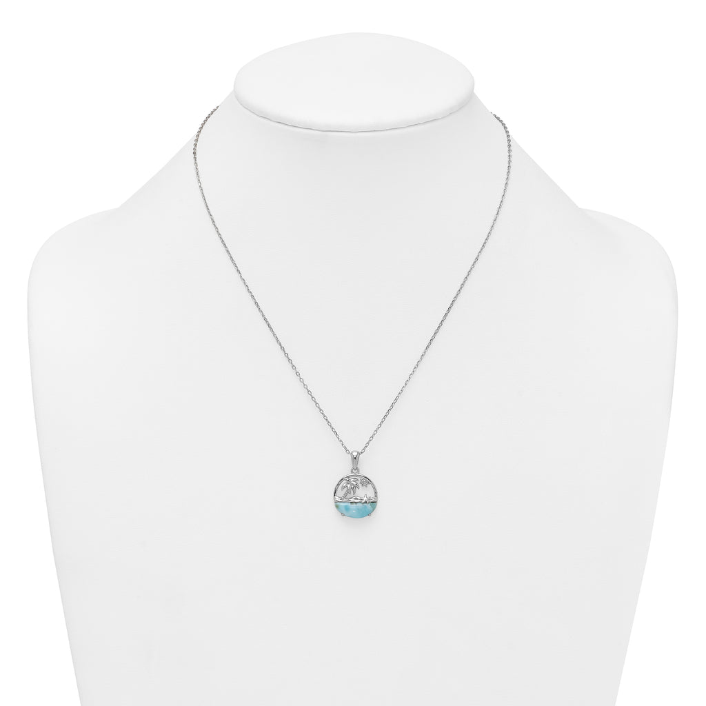 Sterling Silver Rhodium-plated Polished Larimar Beach Scene 16 Inch with 1.75 Inch Extension Necklace