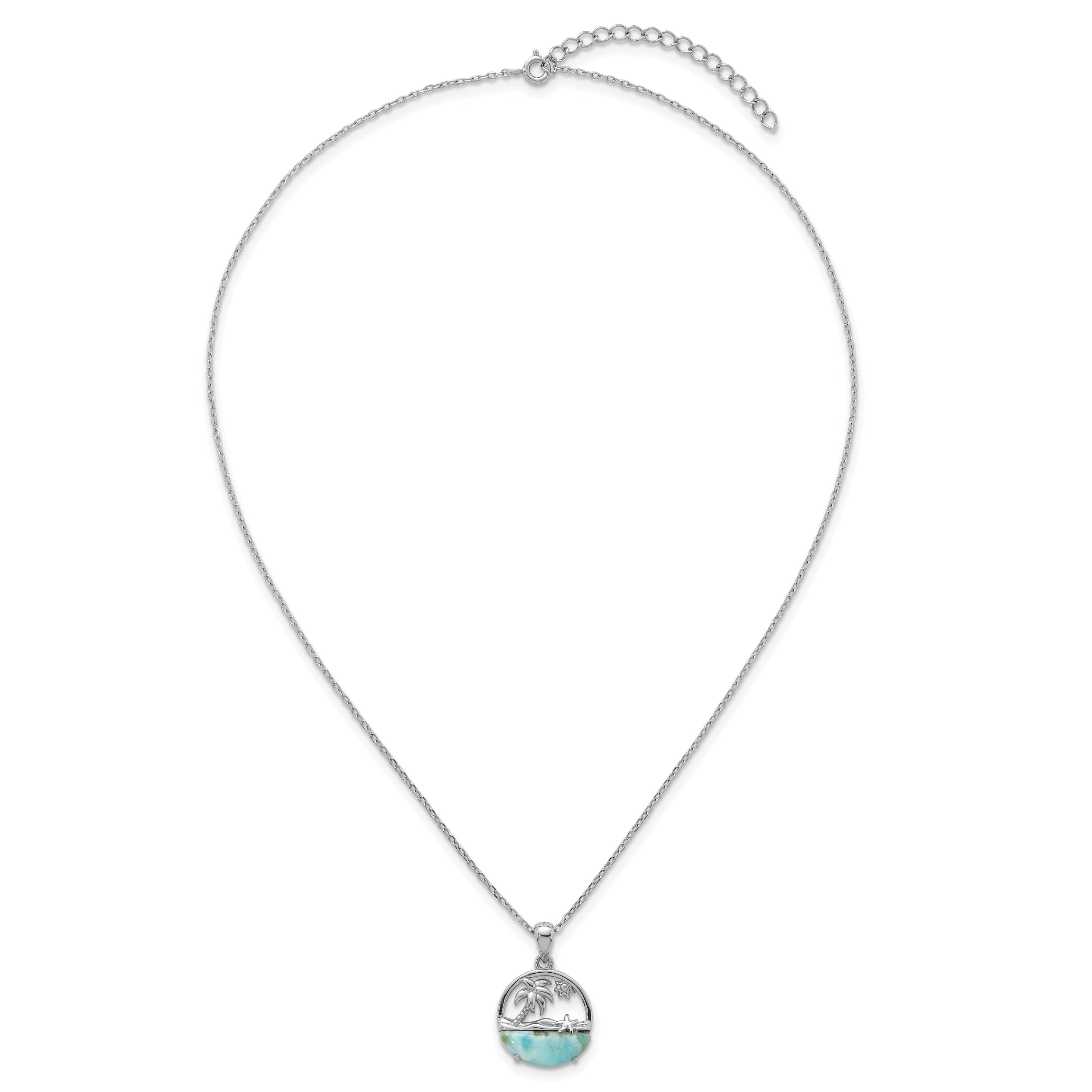 Sterling Silver Rhodium-plated Polished Larimar Beach Scene 16 Inch with 1.75 Inch Extension Necklace