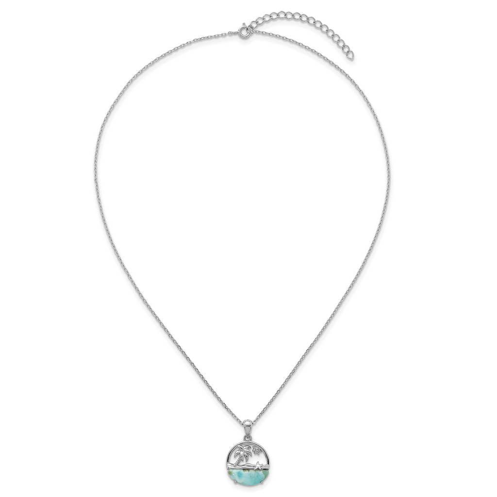 Sterling Silver Rhodium-plated Polished Larimar Beach Scene 16 Inch with 1.75 Inch Extension Necklace