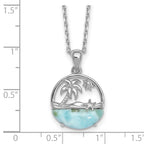 Sterling Silver Rhodium-plated Polished Larimar Beach Scene 16 Inch with 1.75 Inch Extension Necklace