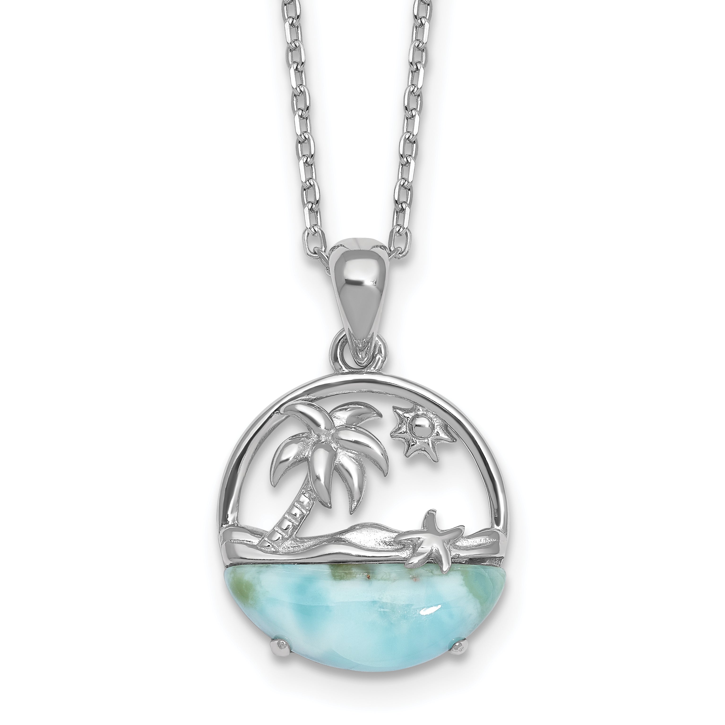 Sterling Silver Rhodium-plated Polished Larimar Beach Scene 16 Inch with 1.75 Inch Extension Necklace Main image