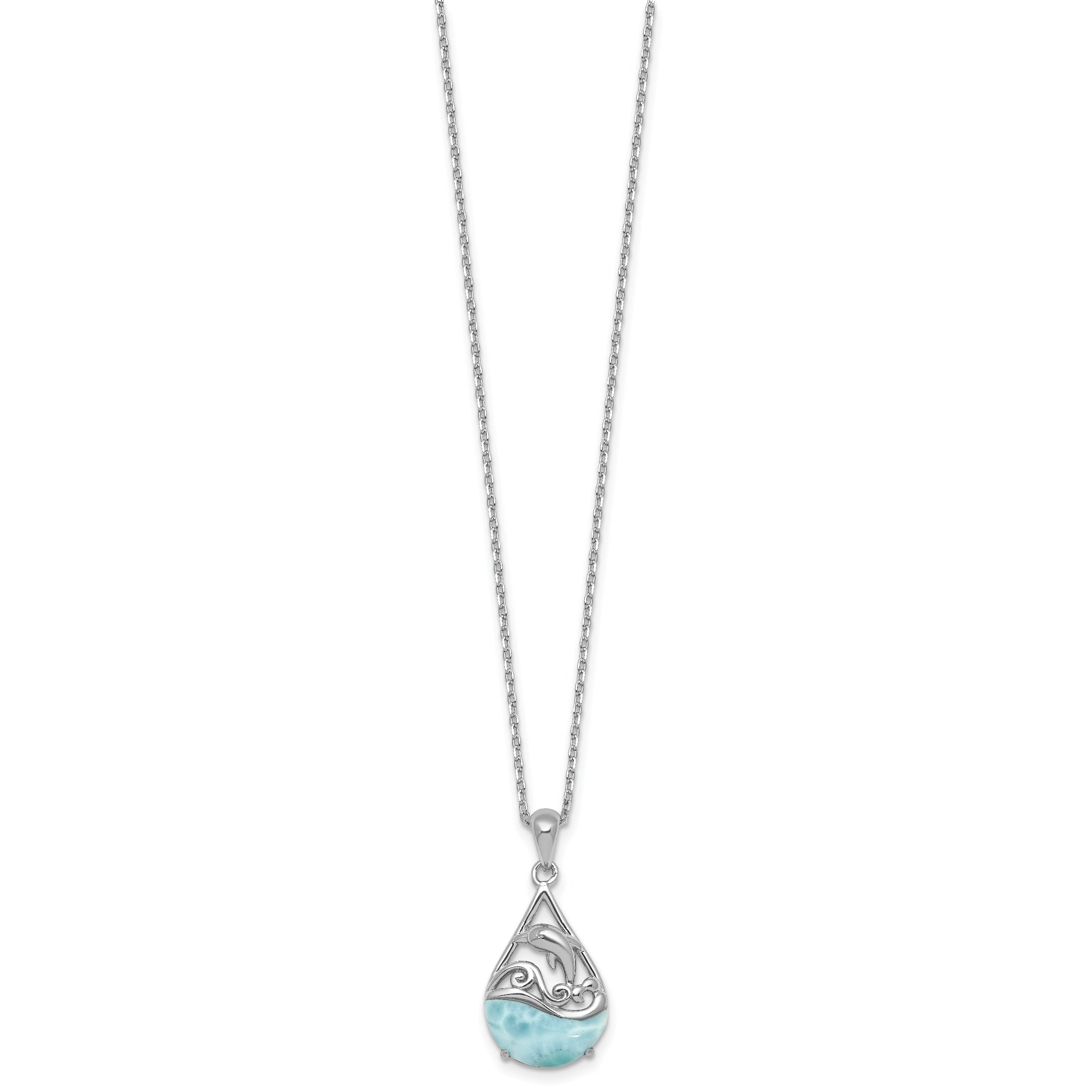 Sterling Silver Rhodium-plated Polished Larimar Dolphin Teardrop 16 Inch with 2 Inch Extension Necklace