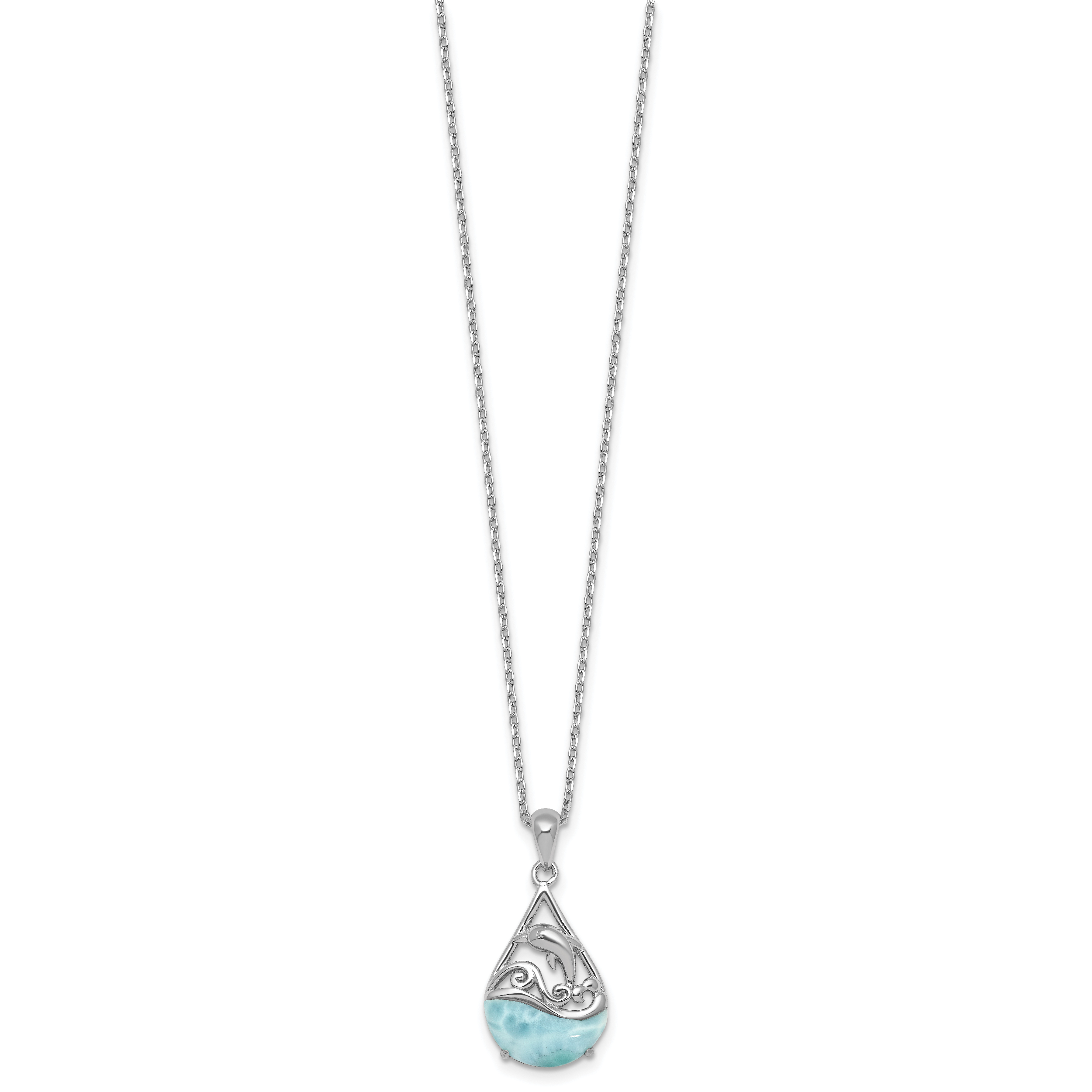 Sterling Silver Rhodium-plated Polished Larimar Dolphin Teardrop 16 Inch with 2 Inch Extension Necklace Secondary image