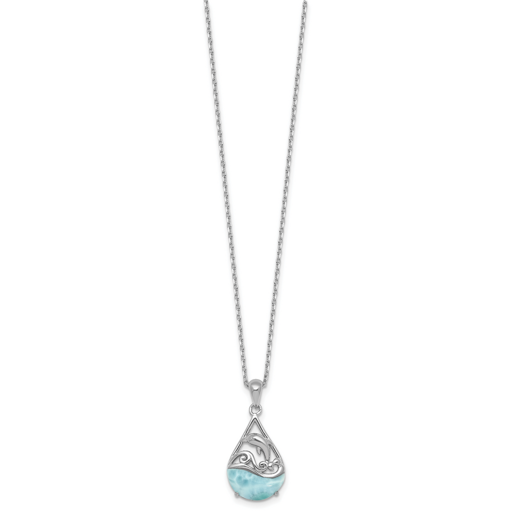 Sterling Silver Rhodium-plated Polished Larimar Dolphin Teardrop 16 Inch with 2 Inch Extension Necklace