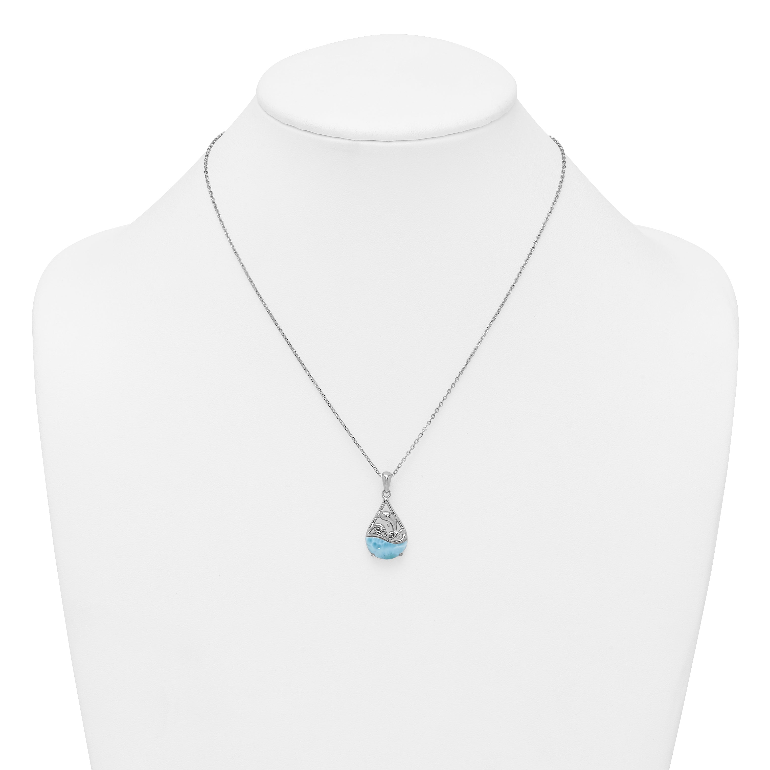 Sterling Silver Rhodium-plated Polished Larimar Dolphin Teardrop 16 Inch with 2 Inch Extension Necklace