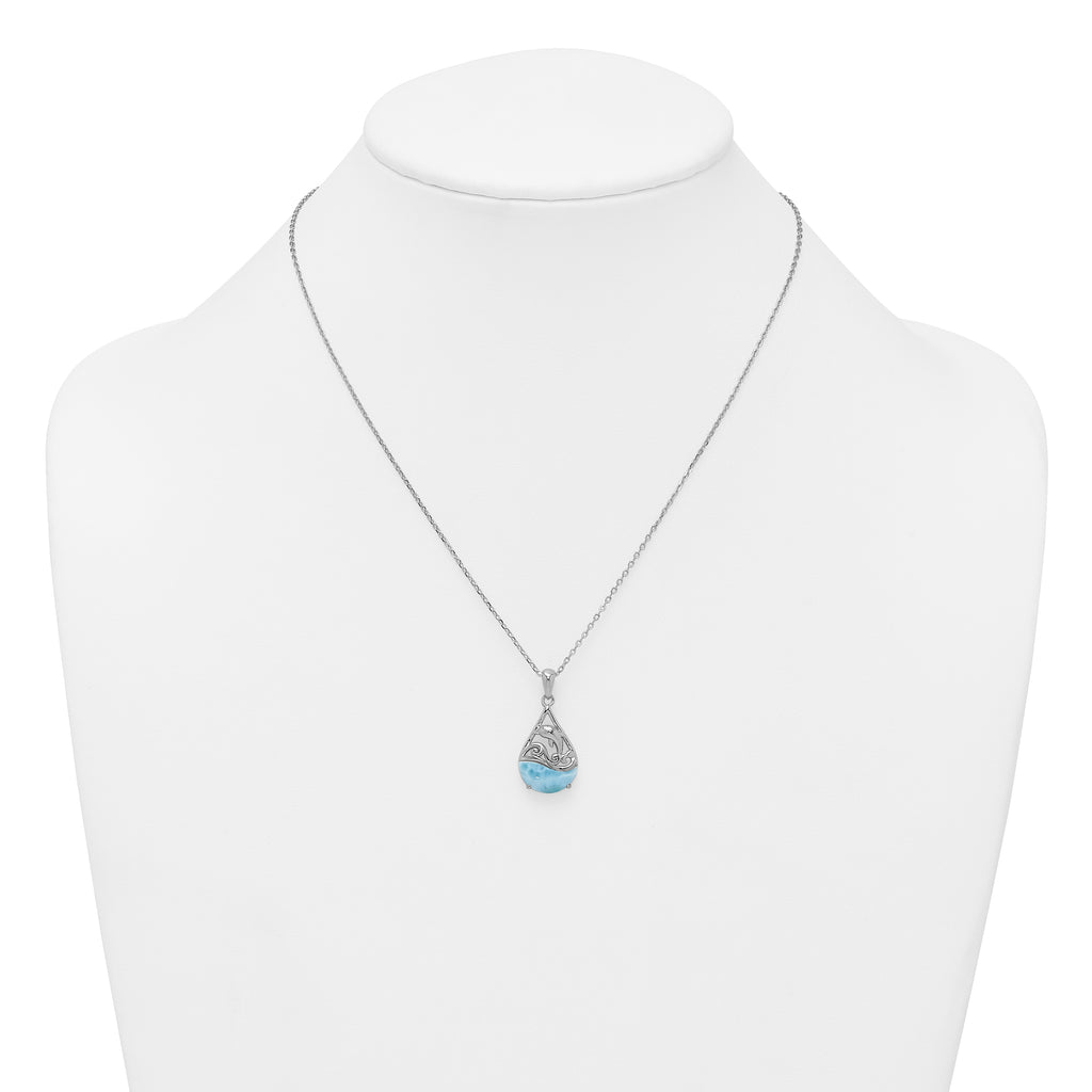 Sterling Silver Rhodium-plated Polished Larimar Dolphin Teardrop 16 Inch with 2 Inch Extension Necklace