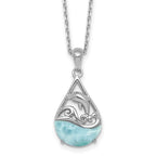 Sterling Silver Rhodium-plated Polished Larimar Dolphin Teardrop 16 Inch with 2 Inch Extension Necklace