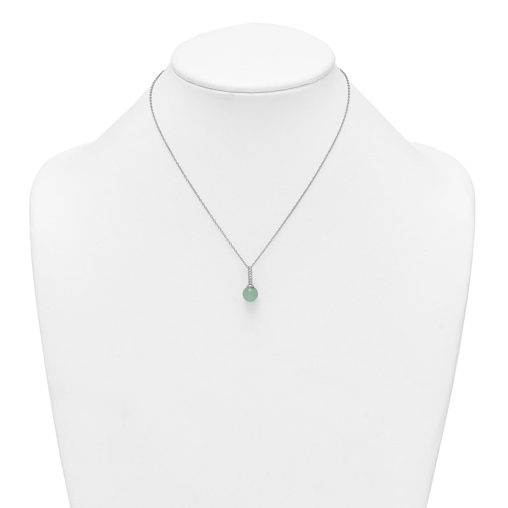 Sterling Silver Rhodium-plated Aventurine and CZ 16 inch with 2 inch Extender Necklace