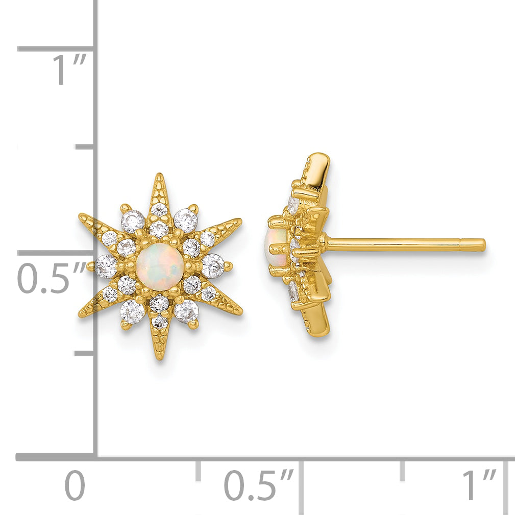 Sterling Silver Gold-Tone Polished Lab Created Opal and CZ Starburst Post Earrings