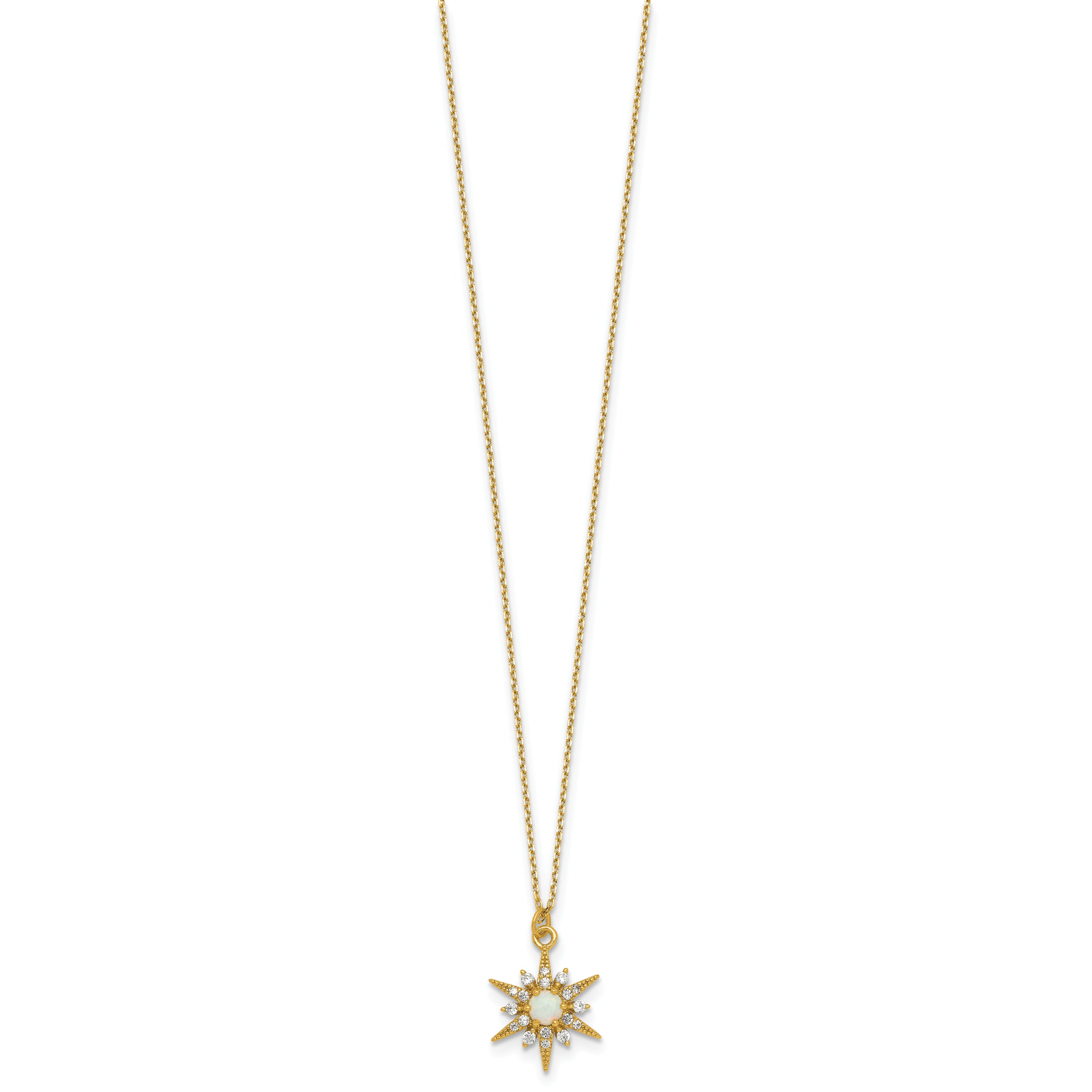 Sterling Silver Gold-Tone Polished Lab Created Opal and CZ Starburst 16 Inch with 2 Inch Extension Necklace