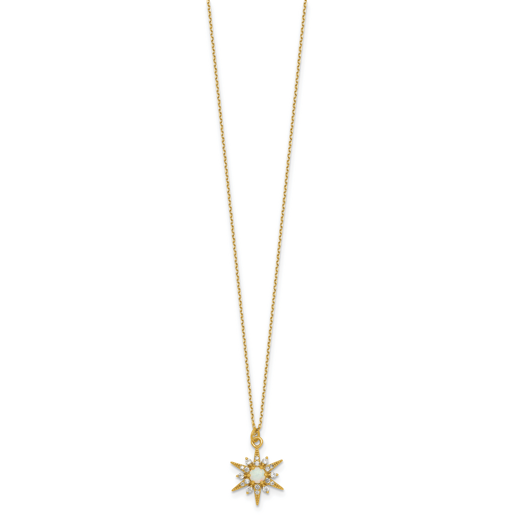 Sterling Silver Gold-Tone Polished Lab Created Opal and CZ Starburst 16 Inch with 2 Inch Extension Necklace