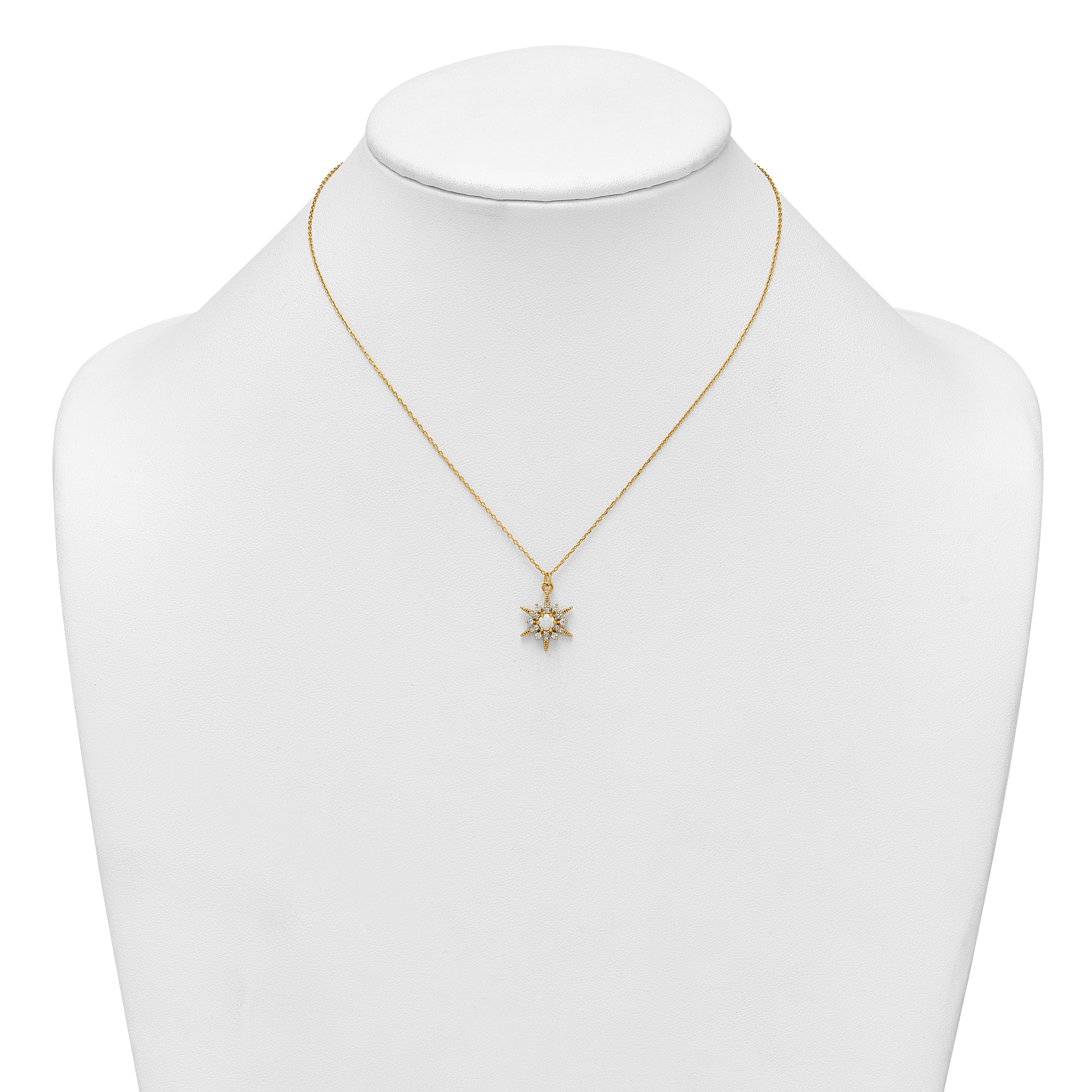 Sterling Silver Gold-Tone Polished Lab Created Opal and CZ Starburst 16 Inch with 2 Inch Extension Necklace