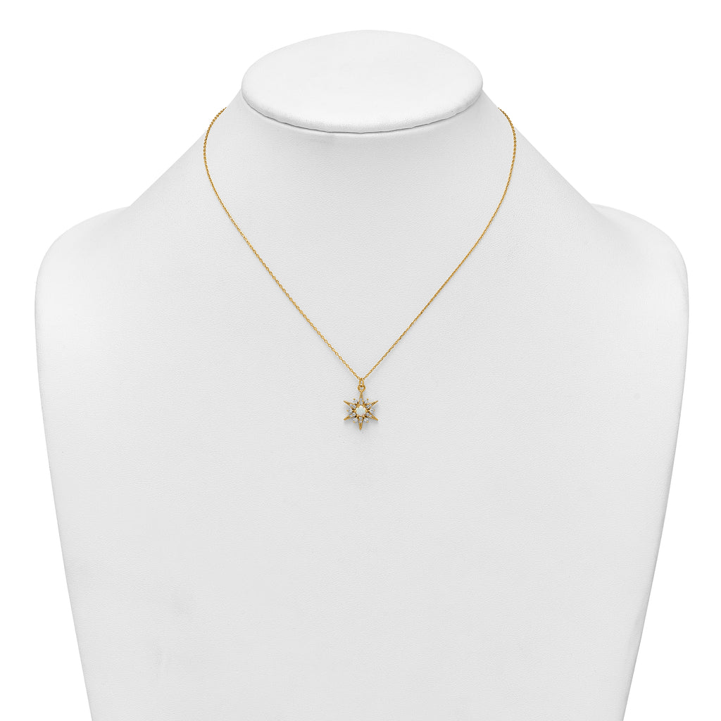 Sterling Silver Gold-Tone Polished Lab Created Opal and CZ Starburst 16 Inch with 2 Inch Extension Necklace