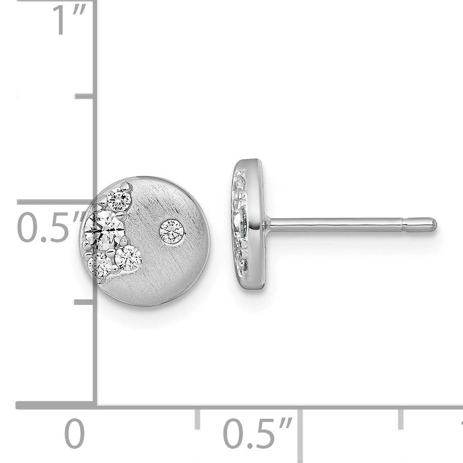 Sterling Silver Rhodium-plated Brushed CZ Circle Post Earrings