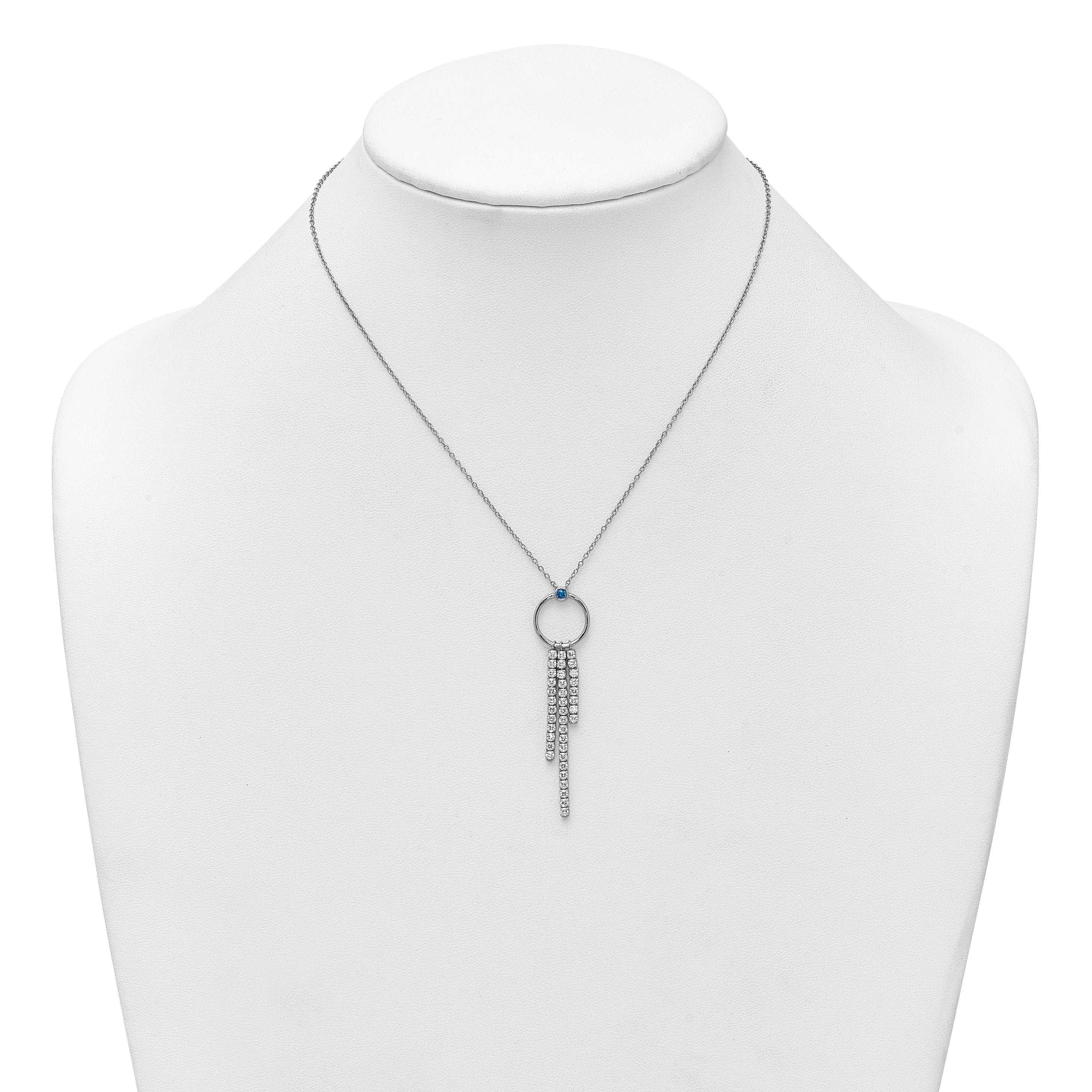 Sterling Silver Rhodium-plated Blue and White CZ 16 inch with 2 inch extender Circle with 3 Drops Necklace