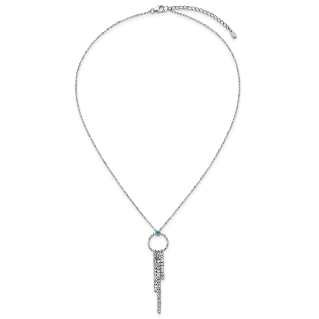 Sterling Silver Rhodium-plated Blue and White CZ 16 inch with 2 inch extender Circle with 3 Drops Necklace