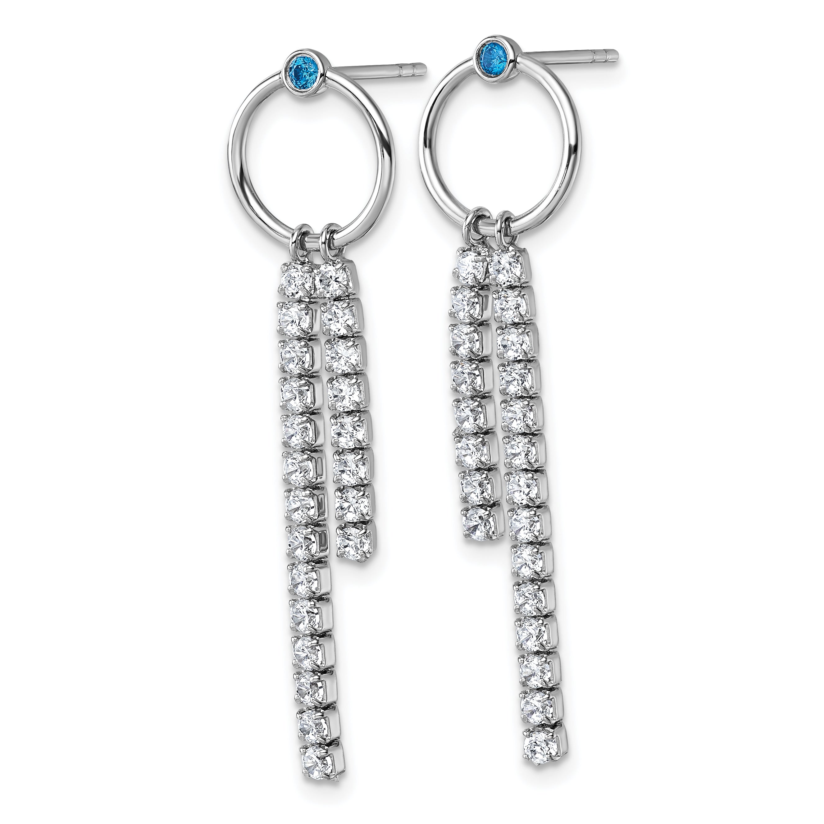 Sterling Silver Rhodium-plated Blue and White CZ Circle with 2 Drops Dangle Post Earrings Secondary image
