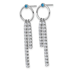 Sterling Silver Rhodium-plated Blue and White CZ Circle with 2 Drops Dangle Post Earrings