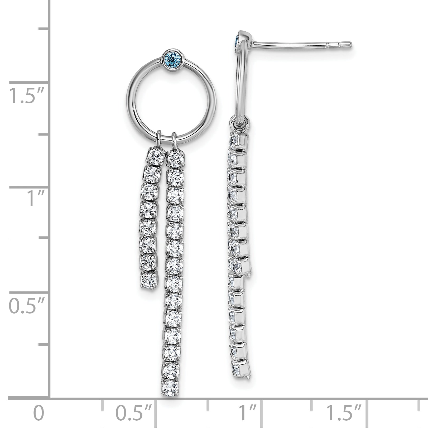 Sterling Silver Rhodium-plated Blue and White CZ Circle with 2 Drops Dangle Post Earrings